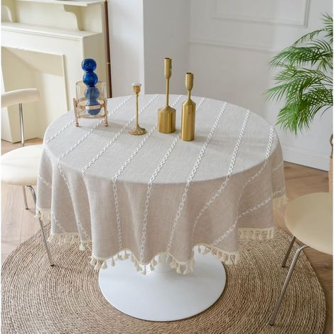 Nappe Ronde - Coton Lin - 120 cm - Pour Table Rondes Jusqu'à 70 cm - Intérieur Extérieur - 1 Pièce (1/5)