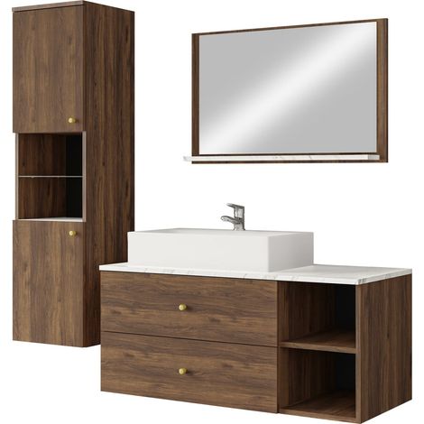 Conjunto de mueble de baño Salus II, Nogal + Mármol blanco