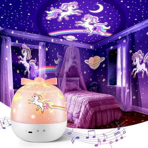 Veilleuse Bébé Projecteur Ciel Etoile, 8 Bruit Blanc Veilleuse Enfant Veilleuse Musicale et Lumineuse, 6 Thèmes 360°Rotation Veilleuse Licorne,Kawaii Veilleuse Licorne Bébé Fille Cadeau