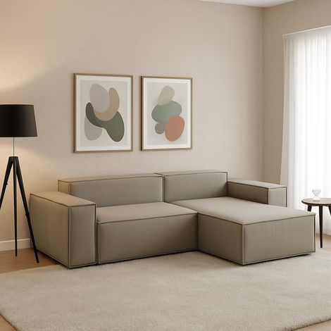 Dmora - Canapé fixe Dlorenz, Canapé modulable 2 places avec péninsule droite, 100% Made in Italy, Canapé moderne en tissu, Cm 220x170h70, Tourterelle (1/5)