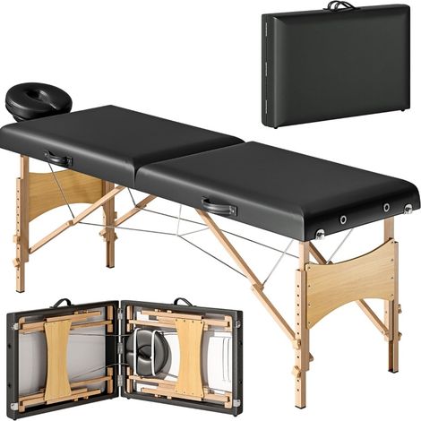 Mobile Massageliege 2 Zonen Klappbar Massagetisch Höhenverstellbar Massagebank 70 cm Breit mit Kopfstütze, Holzfüßen Massagebett Kosmetikliege Schwarz (1/5)