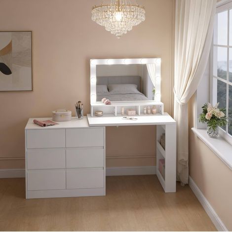 Cassettiera con specchio LED regolabile, 6 cassetti, bianco OKMYHOME (1/5)