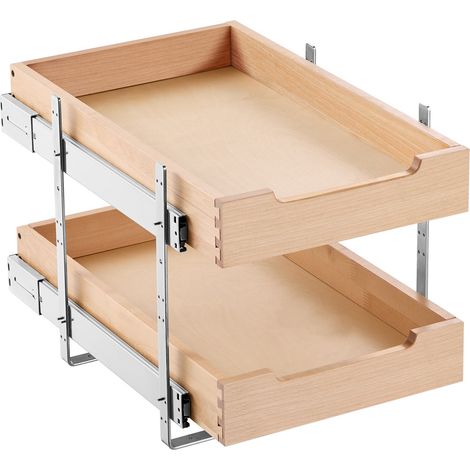 Organiseur d'armoire coulissant à 2 niveaux, tiroir coulissant cuisine réglable en bois, 315 x 533 mm, étagère coulissante robuste à fermeture douce, pour cuisine, garde-manger, salle de bain (1/5)