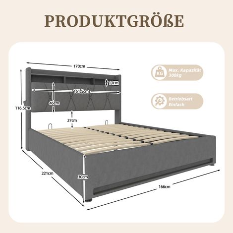 Cadre de lit capitonné 160x200 cm gris avec éclairage LED, port USB-C, coffre de rangement intégré sous le sommier, tête de lit avec étagères, mécanisme hydraulique, livré sans matelas
