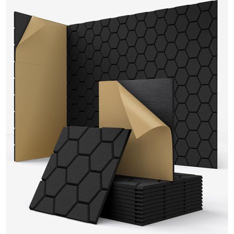 panneau acoustique noir nid d’abeille plaque murale plafond porte Lot de 12 panneaux acoustiques autocollants anti-écho pour mur, home studio, chambre, bureau, 30 x 30 x 0,9 cm (1/5)