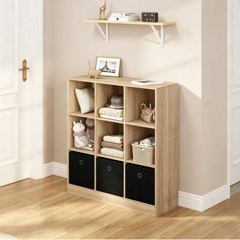 Bibliothèque étagère 80x30x86,5 cm en bois chêne clair/noir, avec rangement salon FLORAGRACE (1/5)