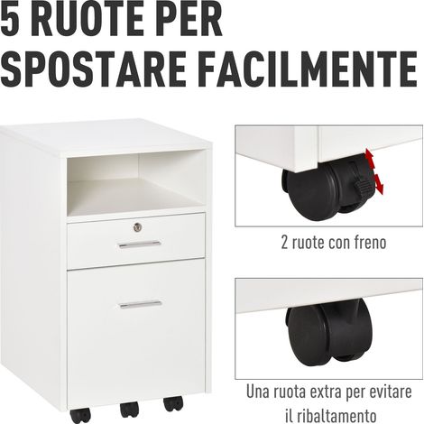 Armoire verticale de bureau blanc 39x40x65 cm, classeur 2 tiroirs verrouillable avec 2 clés, étagère ouverte, 5 roues, rangement pour lettres A4. (1/5)