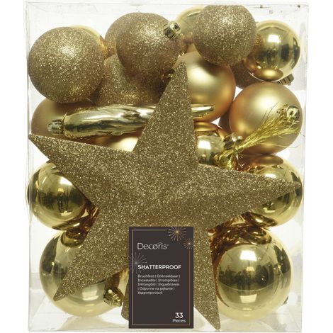 Decoris Weihnachtskugeln-Set aus Kunststoff Ø 8 cm hellgold 33-teilig