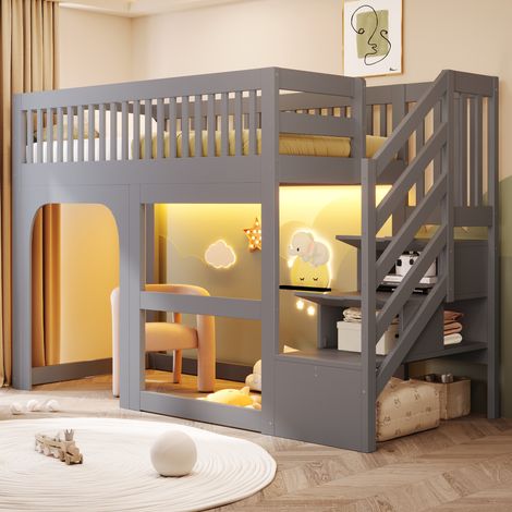 CHICFURN Letto a soppalco per bambini 90x200 cm in legno grigio con vano e LED, senza materasso (1/5)