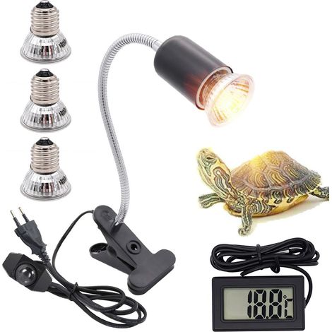 Lampe Chauffante Tortue, Lampe Reptiles avec 3 Ampoules(UVA/UVB lampe) et Thermomètre, Lampe Chauffante E27 UVA + UVB pour Tortue, avec Pince Pivotante à 360 °Éclairage (1/5)