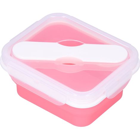 Boîte Repas Isotherme en Silicone avec Fourchette-Cuillère Intégrée - Rose 600ML pour Bureau École
