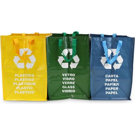 Lot de 3 Sacs de Tri Selectif ≈ 44 L - Sacs Cabas Résistant pour Verre, Plastique et Papier - Accroche Grip Scratch, Facile à Vider - Jaune, Vert, Bleu, Capacité ≈ 44 L (1/4)