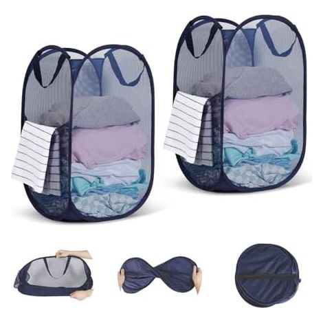 Lot de 2 Paniers Linge Pop-Up, Pliable, Maille, 36x36x58cm, Anses, Salle Bain, Linge, Sale (1/5)
