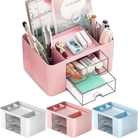 Organiseur de bureau en plastique avec tiroir, porte-stylos, pour bureau, maison, école, rose (1/5)