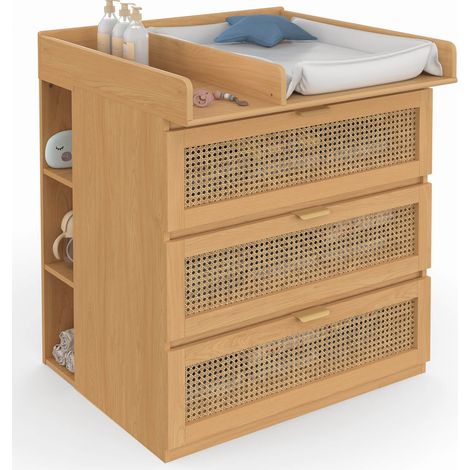 Idmarket – Commode à langer évolutive 3 tiroirs – Bois et cannage – Dimensions 80x72x95 cm – 2 étagères amovibles pour rangement optimisé (1/5)
