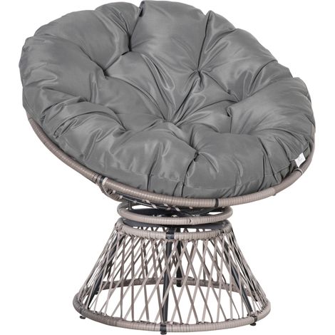 Fauteuil papasan en résine tressée grise, coussin épais, rotation à 360°, pieds réglables et structure en métal, pour salon ou jardin, détente confortable – CHICFURN (1/5)