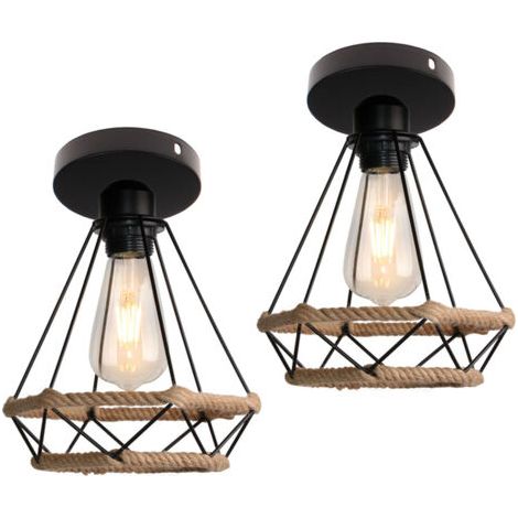royaluxe- (2PCS) Plafonnier Vintage Luminaire Plafonnier Diamant Lampe De Plafond Rétro En Corde De Chanvre E27, Pour Chambre À Coucher, Couloir, Noir (1/5)