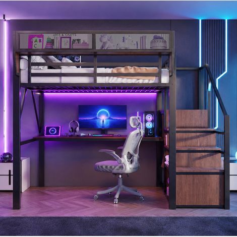Cama alta de 140x200 cm con iluminación LED, escritorio largo y estante ajustable, estructura de metal negro estable. (1/5)