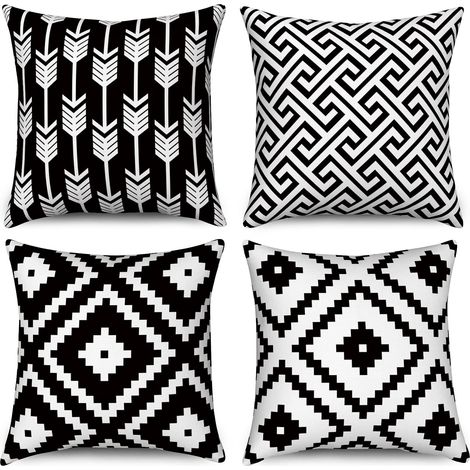 Housse de Coussin Noir et Blanc 50x50 Set de 4, Boho Taie d'oreiller Modernes Motif Géométrique Neutre Décoratif Housse de Coussin en Lin pour canapé lit Jardin extérieur Home Decor (1/5)