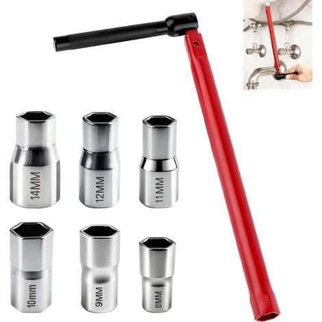 7 Pièces Chiave Rubinetto Lavello, Chiave pour Rubinetto Sottolavello avec Adaptateurs 8-14mm, Chiave pour Dadi Rubinetti, Clé d'Évier Universelle avec Poignée Pivotante, Pratique pour Espaces Restrei (1/5)