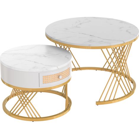 Set aus 2 runden Couchtischen aus weißem MDF mit Marmoreffekt, Schublade, Gold (1/5)