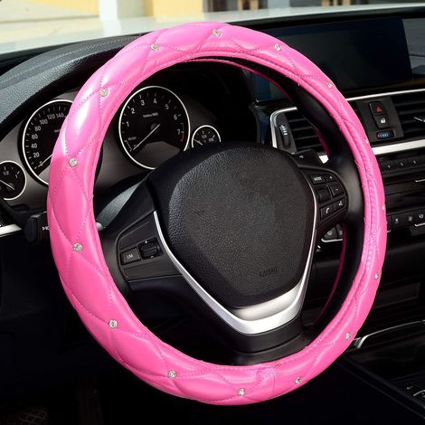 Housse de volant en cuir à motif diamant ornée de strass, compatible avec les volants de voiture jusqu'à 15 pouces, antidérapante, utilisable en toutes saisons, rose (1/5)