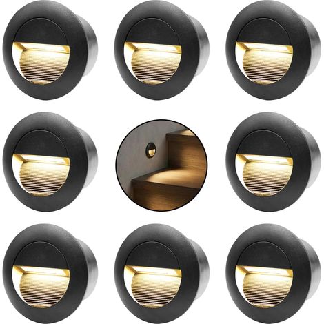 8er 3W Applique Encastré Murale, Lumières d'escalier rond, Blanc chaud applique avec boîte encastrée, 230V eclairage mural alu etanche escalier encastrable marchepied, Blanc, IP65