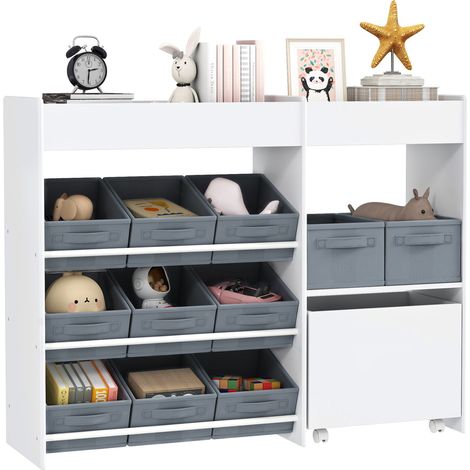 Spielzeugregal für Kinder mit 11 Aufbewahrungsboxen aus Vliesstoff, weißes Bücherregal 105x30x80 cm, Aufbewahrungseinheit für Kinderzimmer, kompakte und praktische Aufbewahrungslösung.