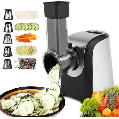 Mandoline électrique professionnelle 150 W, 5 en 1, en acier inoxydable, avec 5 tambours de coupe pour fruits, légumes, fromages et utilisation quotidienne, Argent/Noir (1/5)