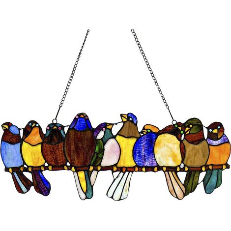 River of Goods Stained Glass Window Panel with Birds on a Wire, 9.5" Tall, Multicolor