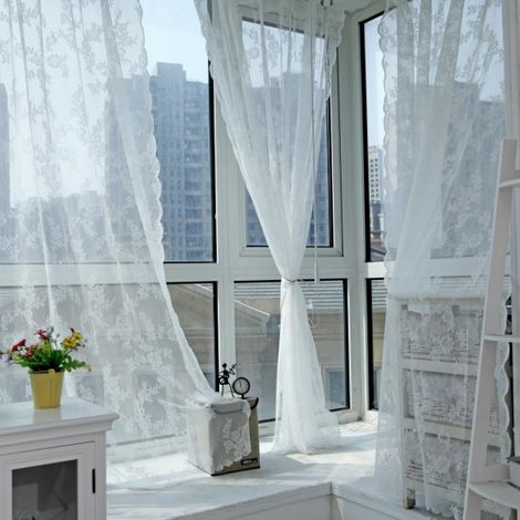 Voile Curtain - 150 cm x 180 cm - With Metal Eyelets - Sheer Floral Knit Design - White - 1 Piece (1/5)