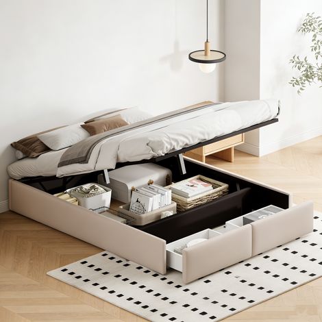 Lit en lin 160x200 cm, Grand lit double sans tête de lit, 2 Tiroirs + Coffre Hydraulique, Gain de place, Montage facile, Beige