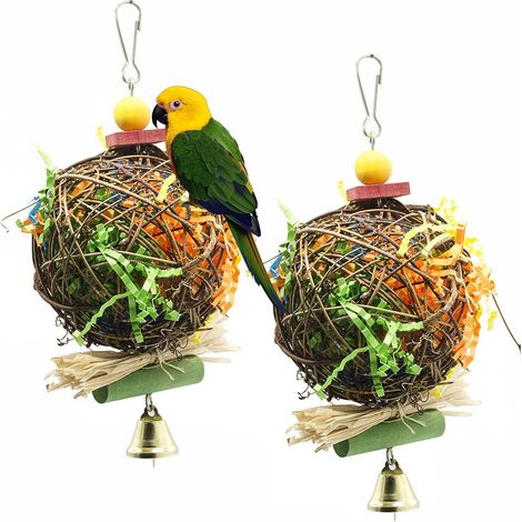 Lot de 2 jouets pour oiseaux, boule en rotin naturel à suspendre dans la cage à oiseaux, accessoires pour cage à oiseaux pour perruches et perroquets (20 x 10 cm) (1/5)