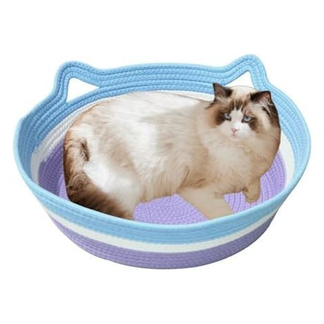 Round Cotton Corde Lavable Panier de Chat, Lit pour Chat Tressé Chaud Mignon, Pliable Respirant Lavable, Bleu e Violet, Couleurs Visibles pour Les Chats, 41,5 34,5 11 cm (1/5)