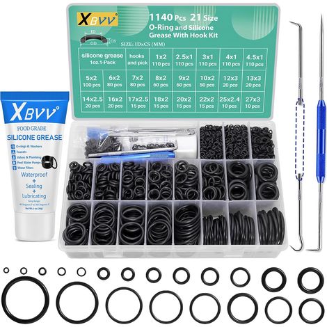Assortiment de 1140 joints toriques et kit de graisse silicone de 1 oz pour plombier robinet pression machine à laver réparation joints toriques en caoutchouc sanitaire lubrifiant, 21 tailles (1/5)