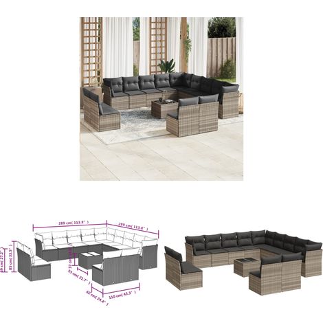 vidaXL Salon de jardin avec coussins 14 pcs gris clair résine tressée (1/3)