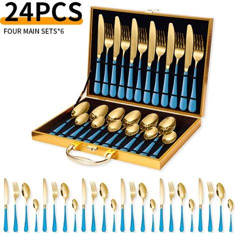 Service de 24 couverts en acier inoxydable – pour 6 personnes – avec coffret – acier inoxydable – bleu/or (1/3)