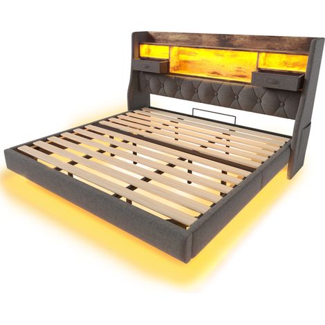 Lit rembourré 180x200 cm, lit flottant avec éclairage LED, tête de lit et station de charge (1 Type-C, 3 ports USB), lit double moderne avec tête de lit de rangement et sommier à lattes, lin, gris (sa (1/5)