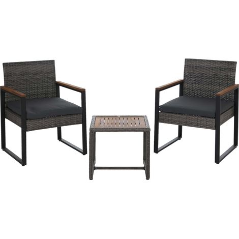 [NUNCA USADO] Conjunto de muebles de ratán sintético HHG-733, conjunto de salón para jardín con 2 sillas y mesa, madera de acacia, tela de 180 g/m², gris, tapizado gris