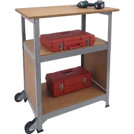 Banco lavoro Relaxdays su ruote, HBT: 69,5x72,5x50 cm, altezza regolabile, piano MDF con pann. forato, acciaio, argento