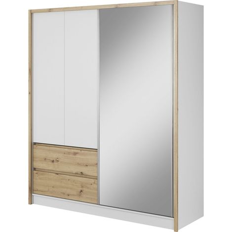 SARA Kleiderschrank 184 cm Schiebetür spiegel 2 schubladen weiß matt / artisan eiche