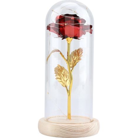 LED-Lichterkette mit konservierter Rose, Glasabdeckung und Holzsockel, geeignet für Valentinstag und Hochzeiten, rot (1/5)
