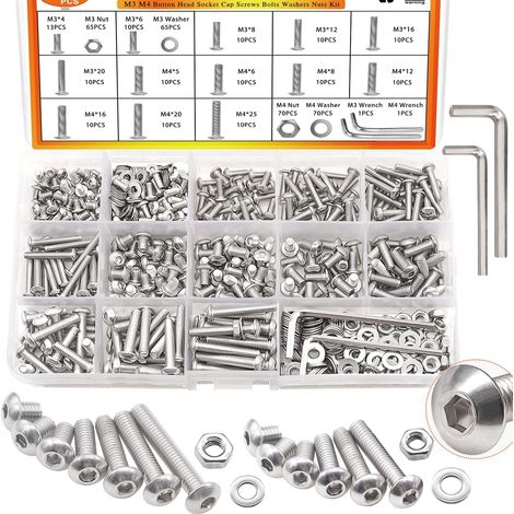 405PCS M3 M4 x 5mm/6mm/8mm/12mm/16mm/20mm/25 mm Kit de classification des vis métriques 304 vis en acier inoxydable à l'intérieur des boulons hexagonaux avec écrou/joint/clé F-084 (1/5)
