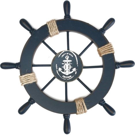 Decorazione murale con timone di nave in legno, blu scuro, nautico (1/5)