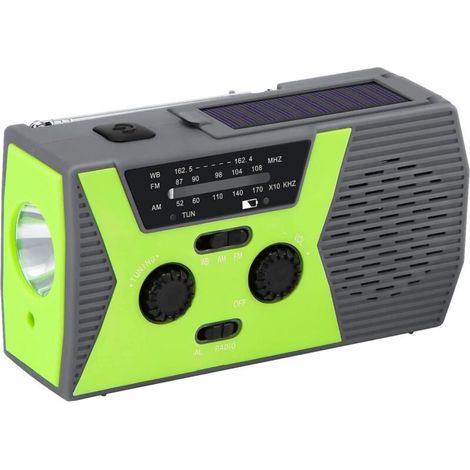 Radio solaire portable, radio Am/fm/noaa auto-alimentée à manivelle, lampe de poche à 3 LED et chargeur de téléphone (vert) (1/5)