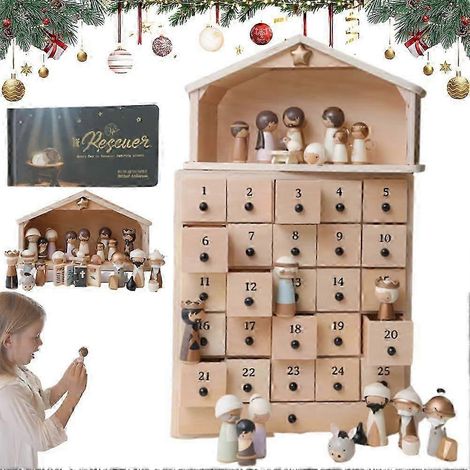Crèche de l'Avent « Le Sauveur », calendrier de l'Avent en bois avec 25 tiroirs, figurines en résine peintes à la main, livre d'accompagnement et coffret en bois, cadeau de Noël pour (1/5)