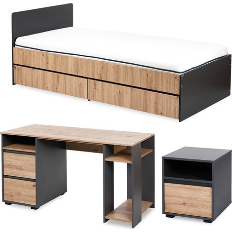 DALIA Chambre enfant adolescent avec lit, chevet, Bureau Anthracite/Chêne (1/3)