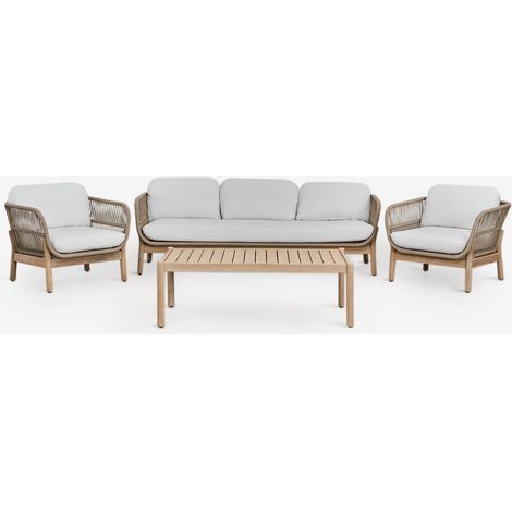 SKLUM Karvia Gartenset mit 3-Sitzer-Sofa, 2 Sesseln und Couchtisch aus Aluminium und Akazienholz Helles Akazienbraun (1/5)