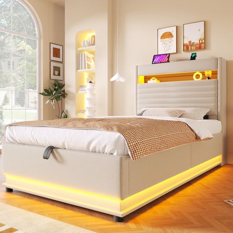Polsterbett 90x200 cm Beige aus Leinen mit LED, USB-C-Ladefunktion und hydraulischem Stauraum (1/5)
