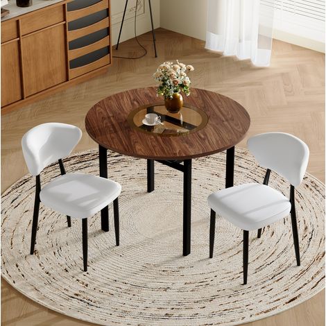 Moderner runder Esstisch mit 2 weißen PU-Stühlen, 100 cm Tischplatte in Holzoptik (1/5)